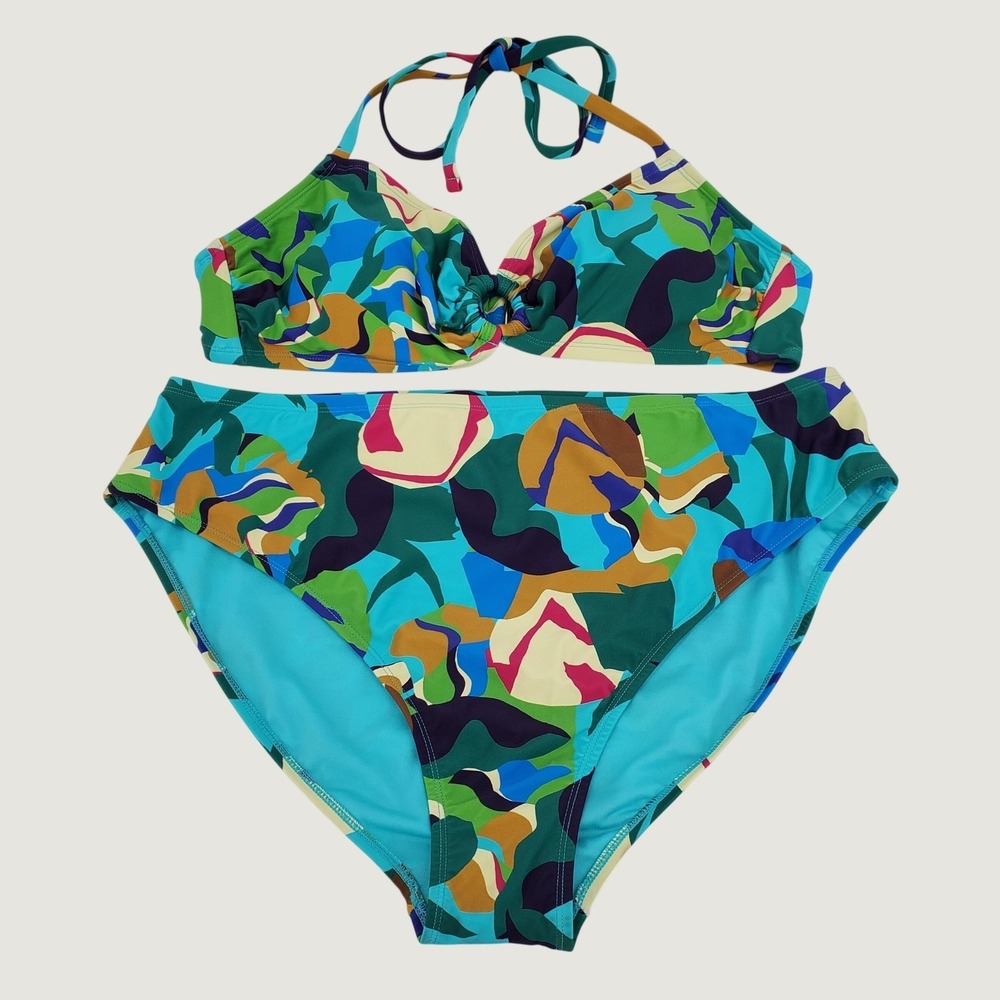 Time and Tru Halter Bikini High Waist Swimsuit 2X Abstract Tropical Adjustable